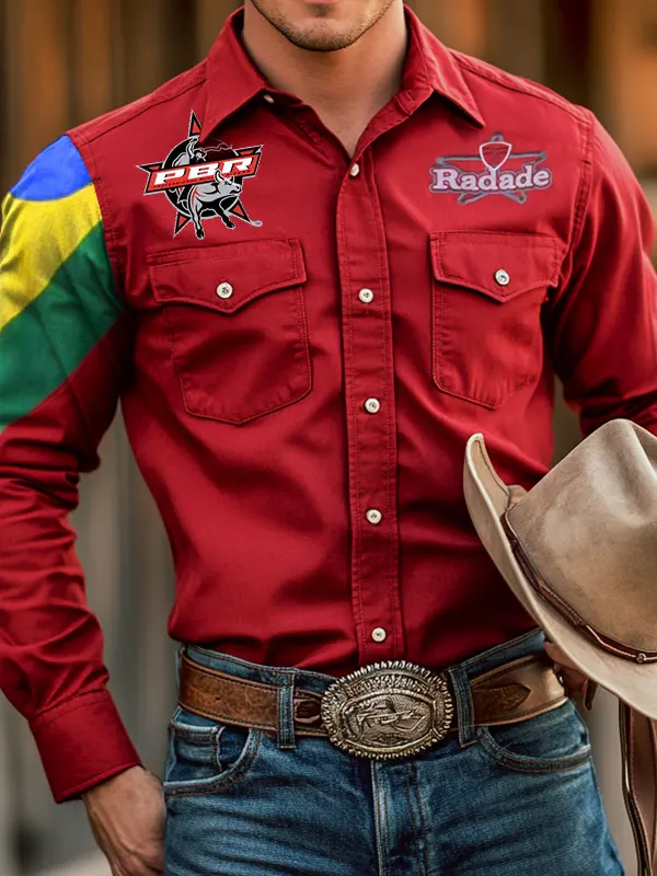 Men's West Cowboy Outdoor PBR Teams Red Pocket Long Sleeved Collar Shirts - Menwyx.com 