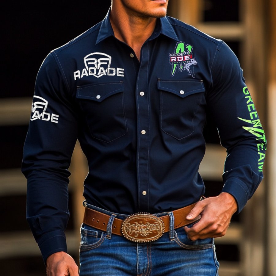 

Men's West Cowboy Outdoor PBR Teams Long Sleeved Black Collar Shirts