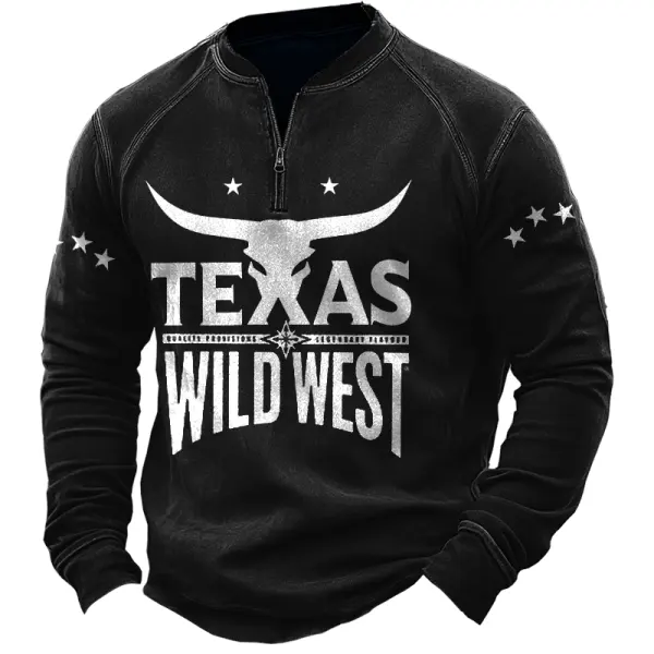 Men's Vintage Quarter Zip Wild West Buffalo Horn Print Sweatshirt - Rabclub.com 