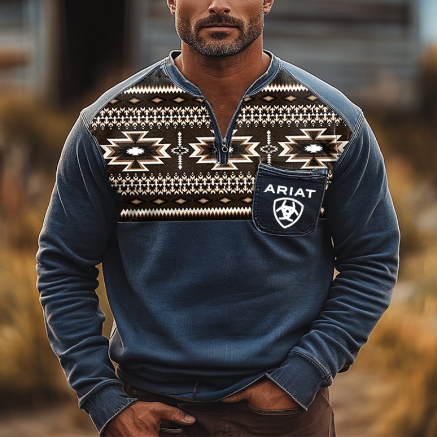 

Men's Vintage Quarter Zip Collar Aztec Print Sweatshirt