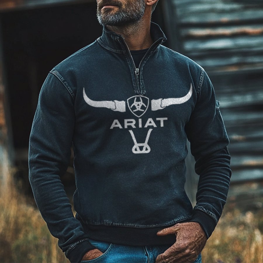 

Men's Vintage Quarter Zip Collar Buffalo Horns Print Sweatshirt