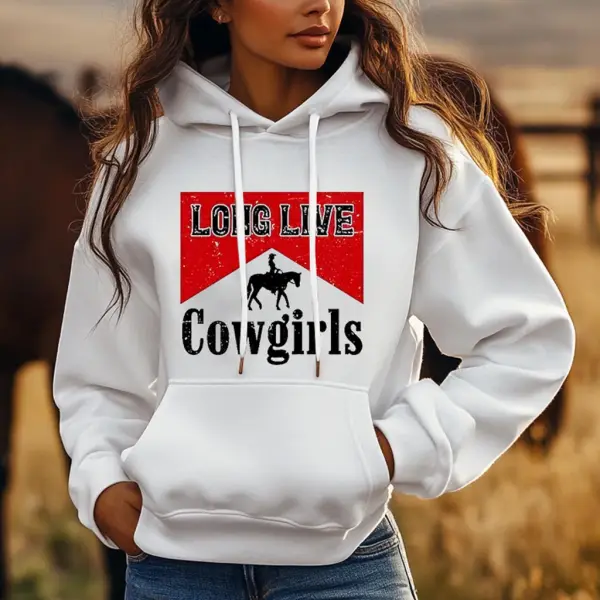 Women's Vintage Western Long Live Cowgirls Yellowstone Print Pocket White Hoodie - Wayrates.com 