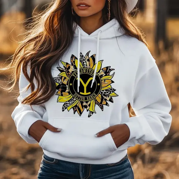 Women's Vintage Western Cowgirls Yellowstone Sunflower Print Pocket White Hoodie - Wayrates.com 