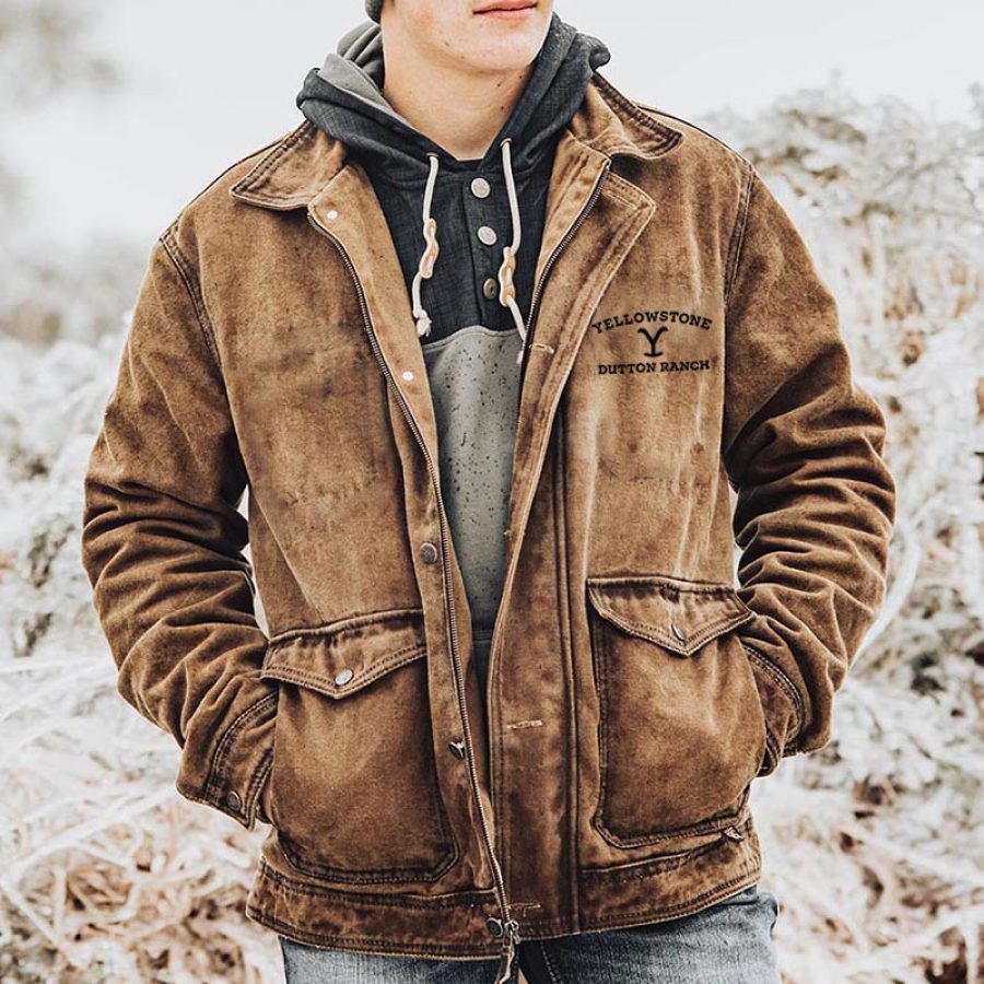 

Men's Vintage Yellowstone Jacket Rip Multi-Pocket Distressed Lapel Outdoor Jacket