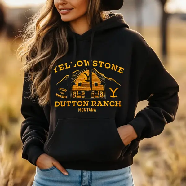 Women's Vintage Western Cowgirl Yellowstone Print Pocket Black Hoodie - Wayrates.com 