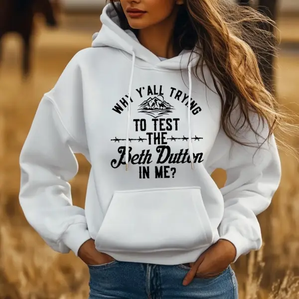 Women's Vintage Western Cowgirl Yellowstone Why Y'all Trying Print Pocket White Hoodie - Wayrates.com 