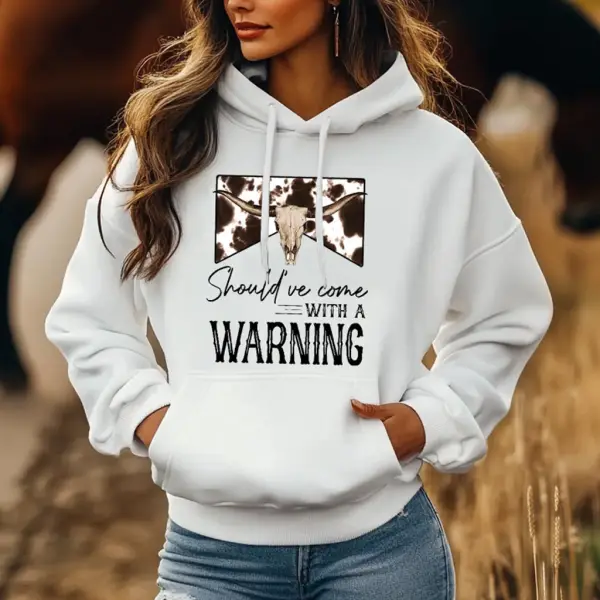 Women's Vintage Western Yellowstone Should've Come With A Warning Print Pocket White Hoodie - Wayrates.com 