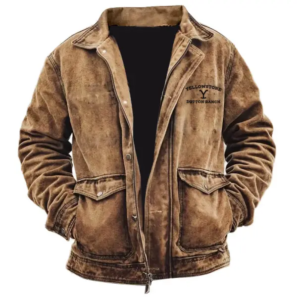 Men's Vintage Yellowstone Jacket Rip Multi-Pocket Distressed Lapel Outdoor Jacket - Rabclub.com 