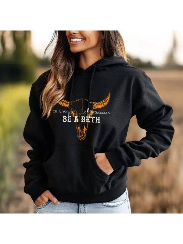 Women's Vintage Western Yellowstone Cow Skull Print Pocket Black Hoodie - Ootdmw.com 