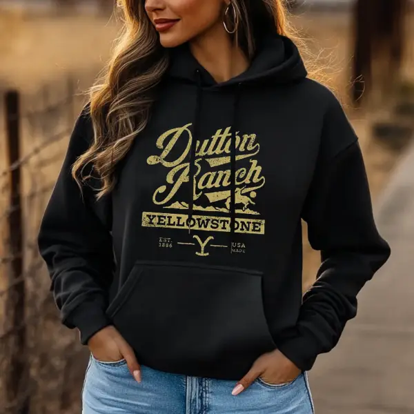 Women's Vintage Western Cowgirl Yellowstone Print Pocket Black Hoodie - Wayrates.com 