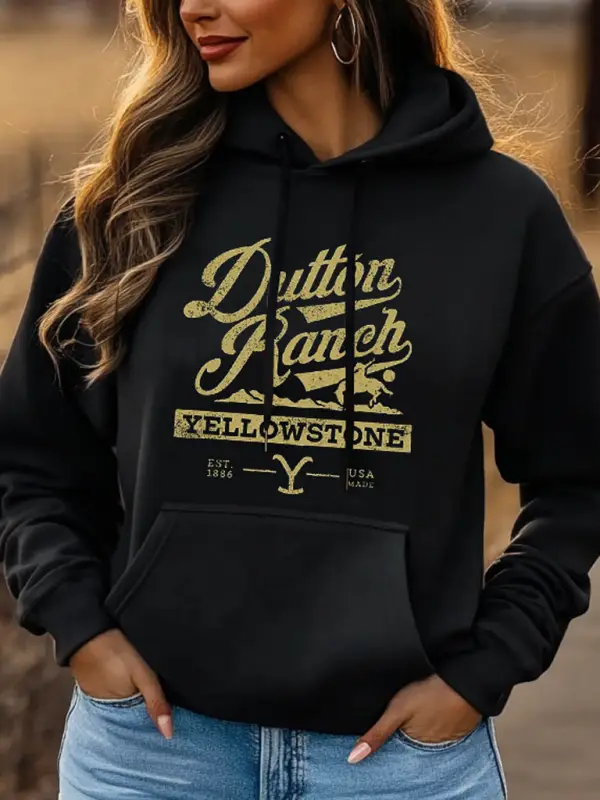 Women's Vintage Western Cowgirl Yellowstone Print Pocket Black Hoodie - Pragmaace.com 