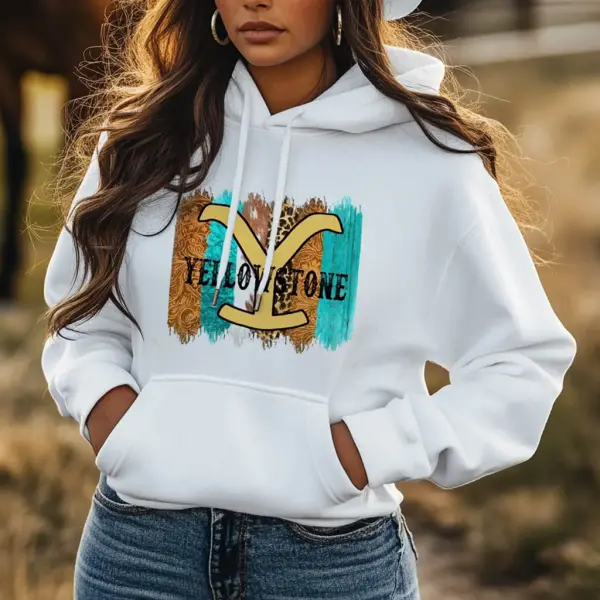 Women's Vintage Western Cowgirls Yellowstone Print Pocket White Hoodie - Wayrates.com 