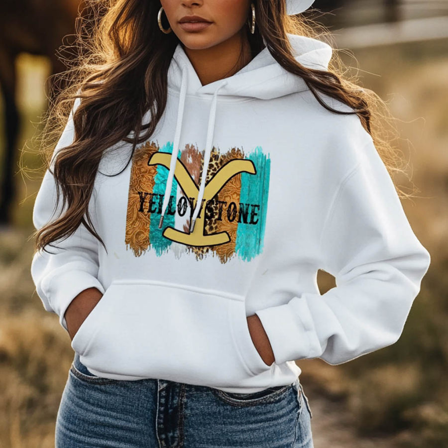 

Women's Vintage Western Cowgirls Yellowstone Print Pocket White Hoodie