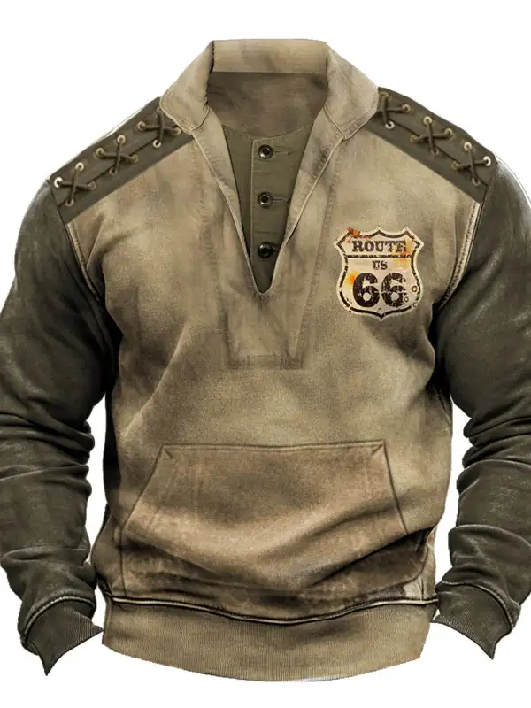 Men's Vintage Route 66 Print Pocket Color Block Lapel Long Sleeve Sweatshirt - Menwyx.com 