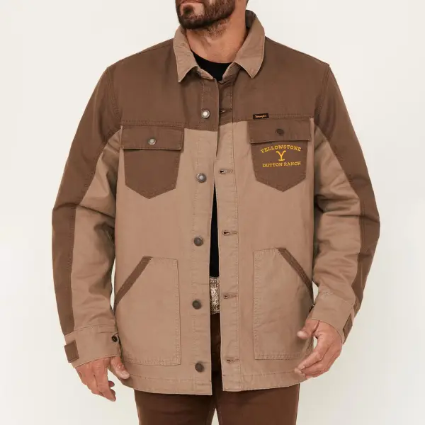 Men's Vintage Yellowstone Jacket Rip Multi-Pocket Color Block Lapel Outdoor Canvas Jacket - Wayrates.com 