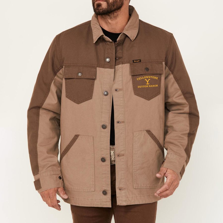 

Men's Vintage Yellowstone Jacket Rip Multi-Pocket Color Block Lapel Outdoor Canvas Jacket