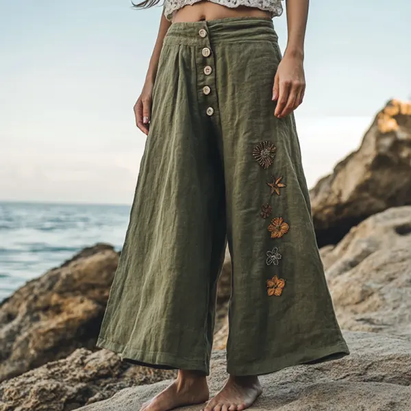 Women's Rustic Boho Beach Vacation Print Linen Olive Green Ninth Wide Leg Pants - Wayrates.com 