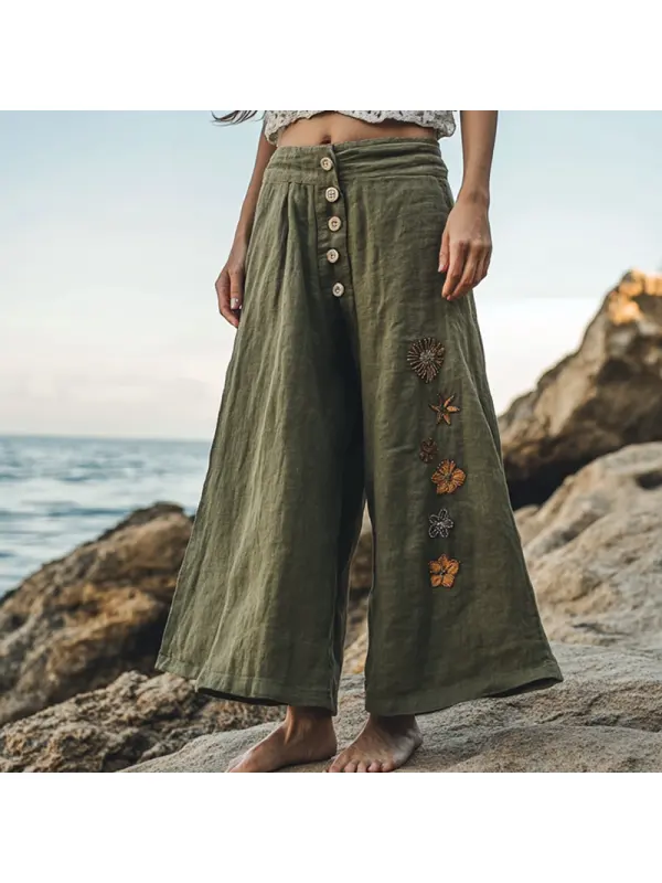 Women's Rustic Boho Beach Vacation Print Linen Olive Green Ninth Wide Leg Pants - Viewbena.com 