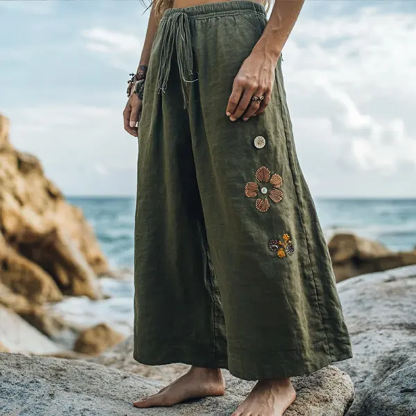 Women's Rustic Boho Beach Vacation Print Linen Olive Green Draw Rope Ninth Wide Leg Pants - Cotosen.com 