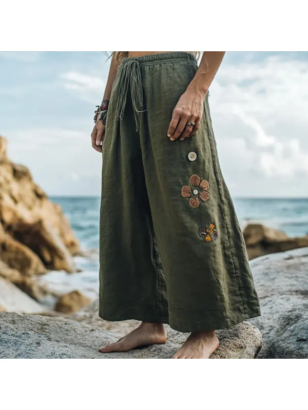 Women's Rustic Boho Beach Vacation Print Linen Olive Green Draw Rope Ninth Wide Leg Pants - Viewbena.com 