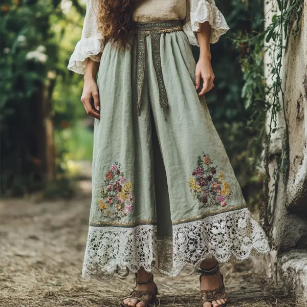 Women's Vintage Rustic Boho Vacation Floral Lace Loose Linen Pants - Wayrates.com 