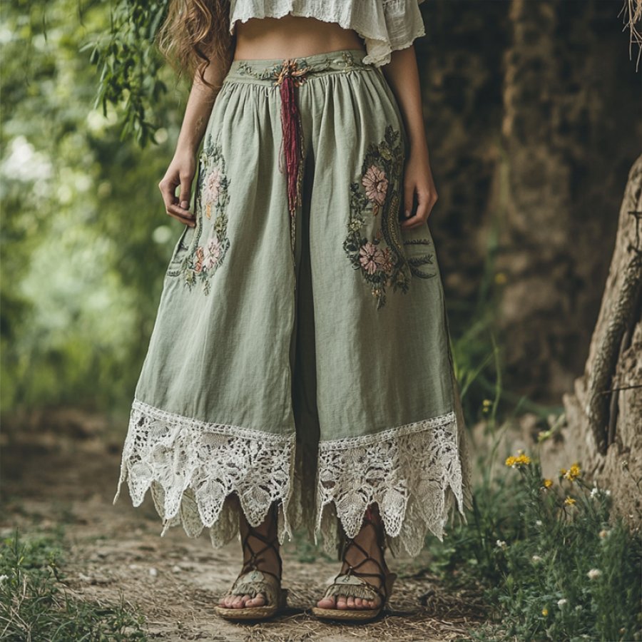 

Women's Vintage Rustic Boho Vacation Mint Green Lace Loose Floral Linen Skirt