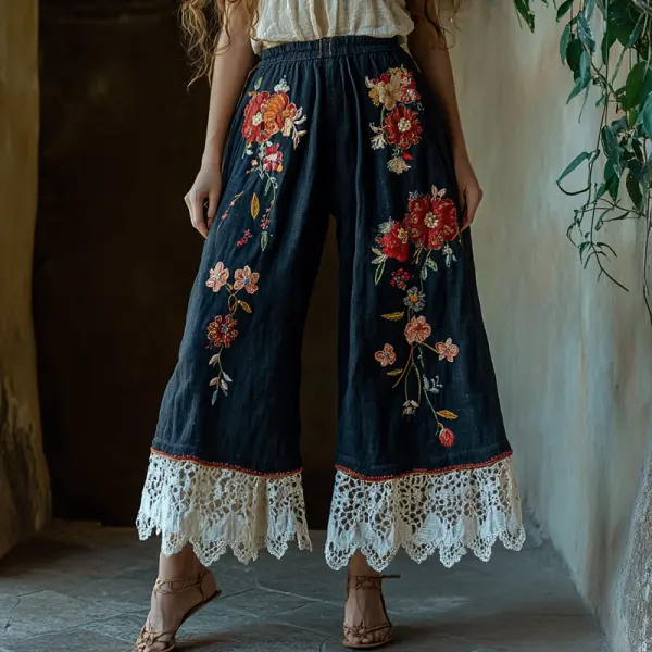 Women's Rustic Boho Vacation Print Linen Lace Stitching Dark Blue Ninth Wide Leg Pants - Wayrates.com 