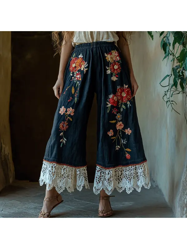 Women's Rustic Boho Vacation Print Linen Lace Stitching Dark Blue Ninth Wide Leg Pants - Viewbena.com 