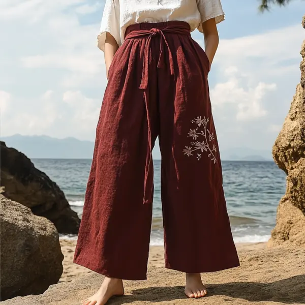 Women's Rustic Boho Beach Vacation Print Linen Claret Draw Rope Ninth Wide Leg Pants - Wayrates.com 