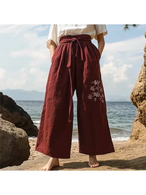 Women's Rustic Boho Beach Vacation Print Linen Claret Draw Rope Ninth Wide Leg Pants - Viewbena.com 