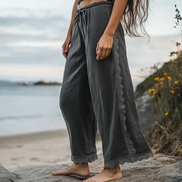 Women's Rustic Boho Beach Vacation Print Linen Dark Gray Lace Stitching Ninth Wide Leg Pants - Wayrates.com 