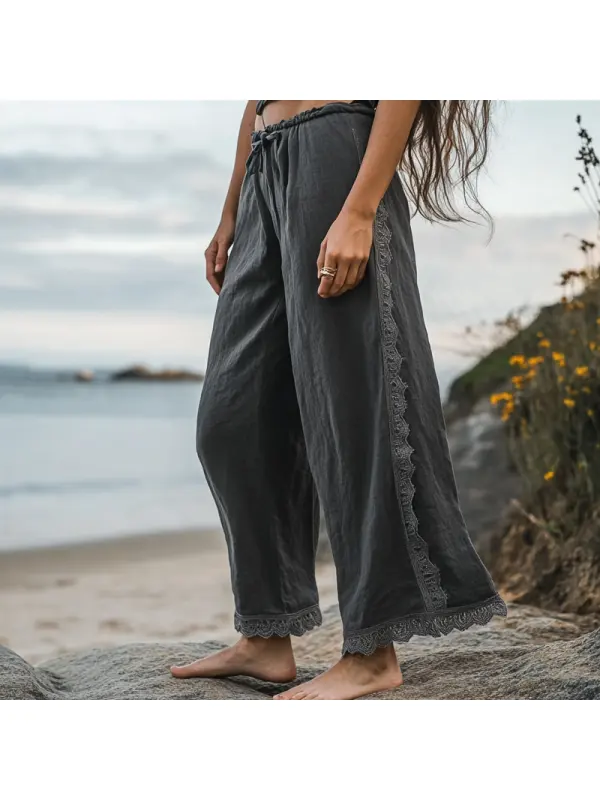 Women's Rustic Boho Beach Vacation Print Linen Dark Gray Lace Stitching Ninth Wide Leg Pants - Realyiyishop.com 