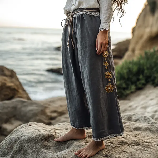 Women's Rustic Boho Beach Vacation Print Linen Lace Stitching Dark Gray Ninth Wide Leg Pants - Elementnice.com 