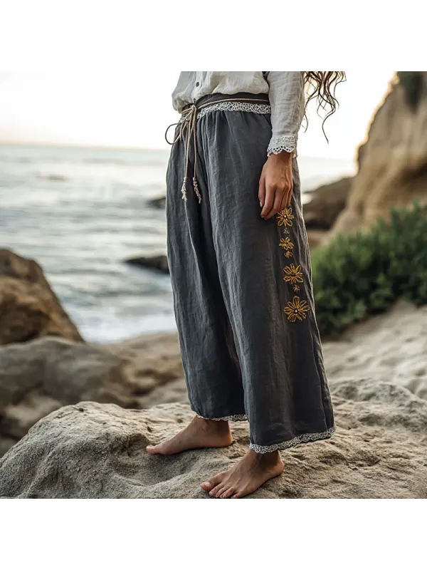 Women's Rustic Boho Beach Vacation Print Linen Lace Stitching Dark Gray Ninth Wide Leg Pants - Realyiyishop.com 