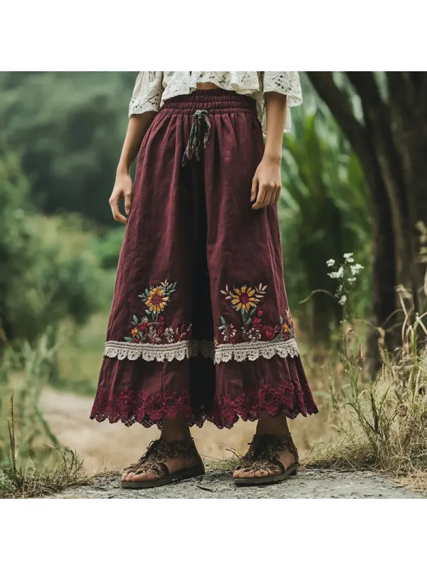 Women's Vintage Rustic Boho Lace Floral Linen Skirt - Viewbena.com 