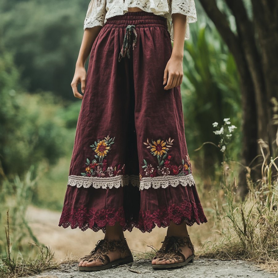 

Women's Vintage Rustic Boho Lace Floral Linen Skirt