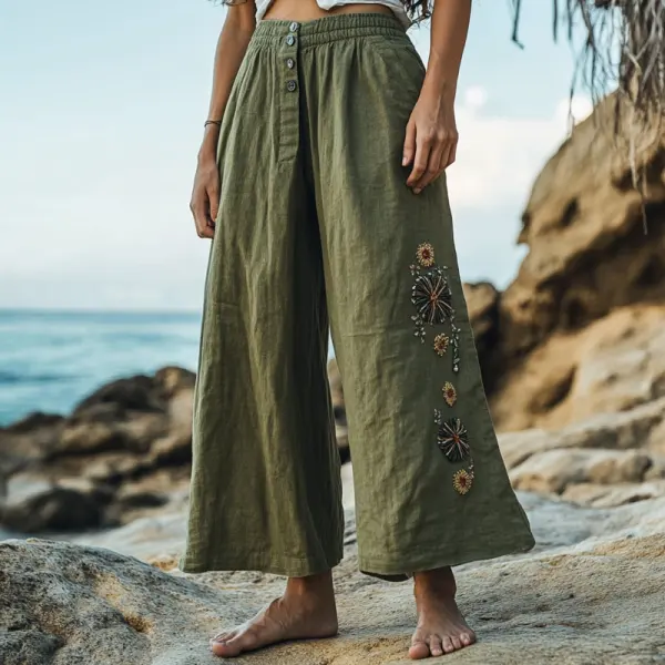 Women's Rustic Boho Beach Vacation Print Linen Ninth Wide Leg Pants - Wayrates.com 