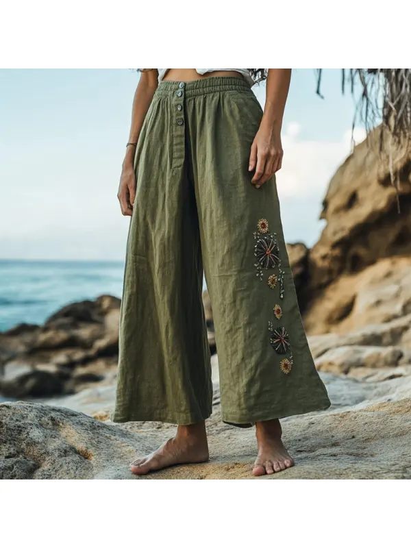 Women's Rustic Boho Beach Vacation Print Linen Ninth Wide Leg Pants - Realyiyishop.com 