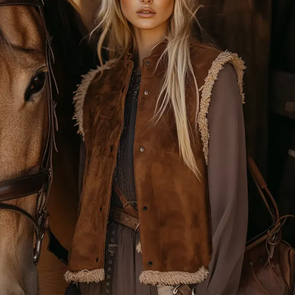 Women's Vintage Suede Fleece Western Cowgirl Vest - Wayrates.com 