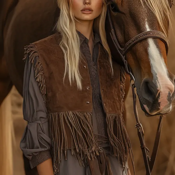 Women's Vintage Suede Western Cowgirl Fringes Vest - Wayrates.com 