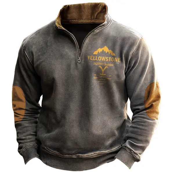 Men's Vintage Quarter Zip Yellowstone Elbow Patches Print Sweatshirt - Rabclub.com 