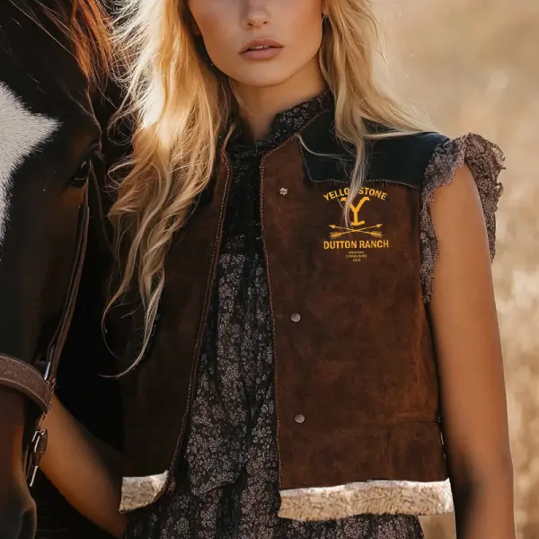 Women's Vintage Yellowstone Fleece Western Cowgirl Suede Vest - Wayrates.com 