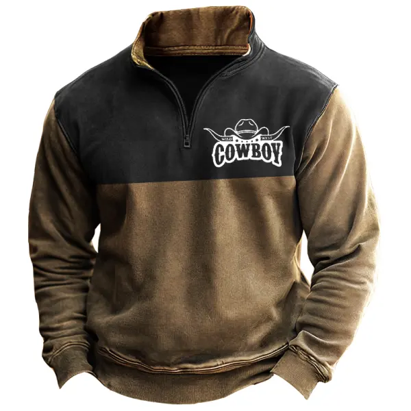 Men's Vintage Quarter Zip Cowboy Western Print Sweatshirt - Rabclub.com 