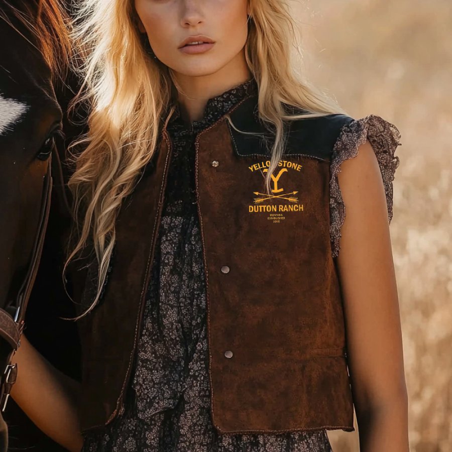 

Women's Vintage Yellowstone Color Block Western Cowgirl Suede Vest