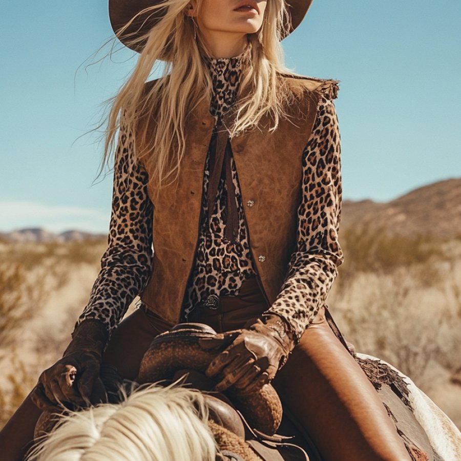 

Women's Vintage Suede Western Cowgirl Stand Collar Vest
