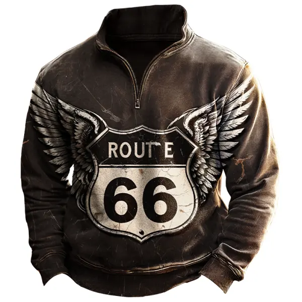 Men's Vintage Quarter Zip Route 66 Wings Print Sweatshirt - Cotosen.com 