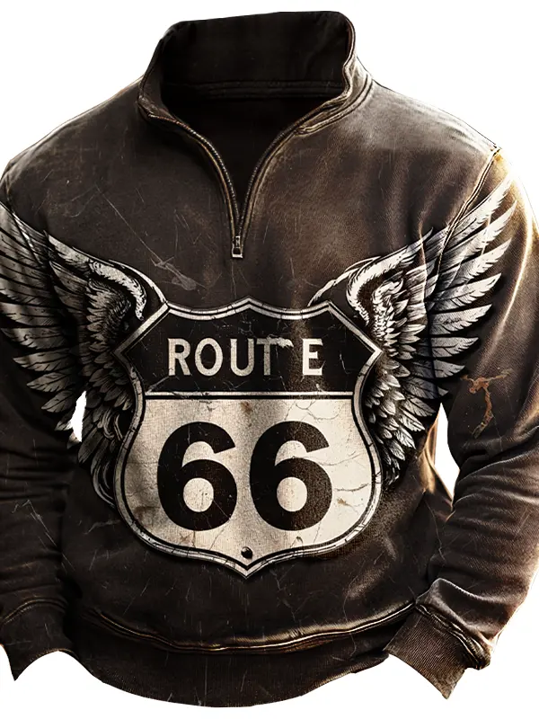 Men's Vintage Quarter Zip Route 66 Wings Print Sweatshirt - Pragmaace.com 