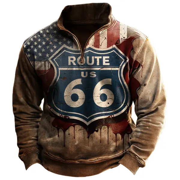 Men's Vintage Quarter Zip Route 66 Road Trip Print Sweatshirt - Menzfolk.com 