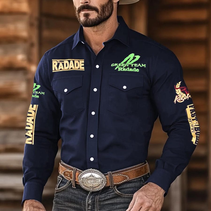 

Men's Western Cowboy Outdoor PBR Teams Long Sleeved Navy Shirts