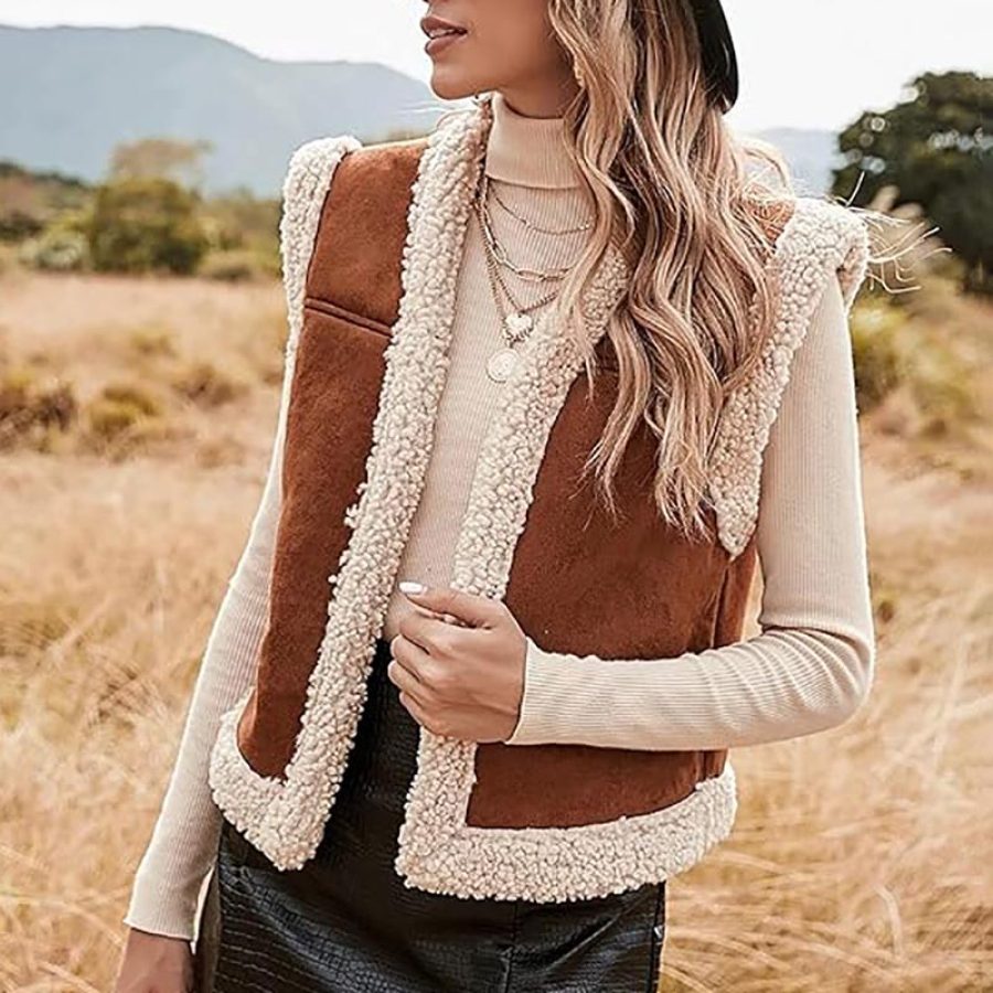 

Women's Vintage Western Cowgirl Suede Lamb Wool Fur Collar Vest